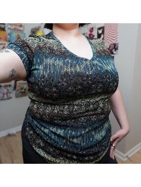 Vintage Teal Blue Abstract Crinkle V-Neck Cap Sleeve Boho Mosaic Plus Size XXL